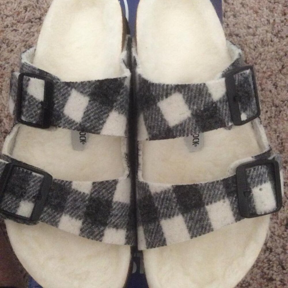 Birkenstock Arizona Rivet-Wool-Plaid White Sandals-Brand New With Box